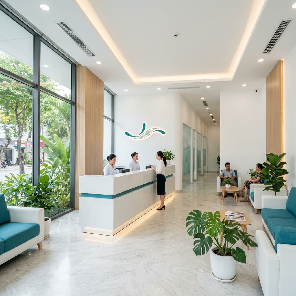 Sảnh tiếp đón hiện đại, cao cấp ngập tràn ánh sáng tự nhiên tại Phòng khám Hoàng Lâm