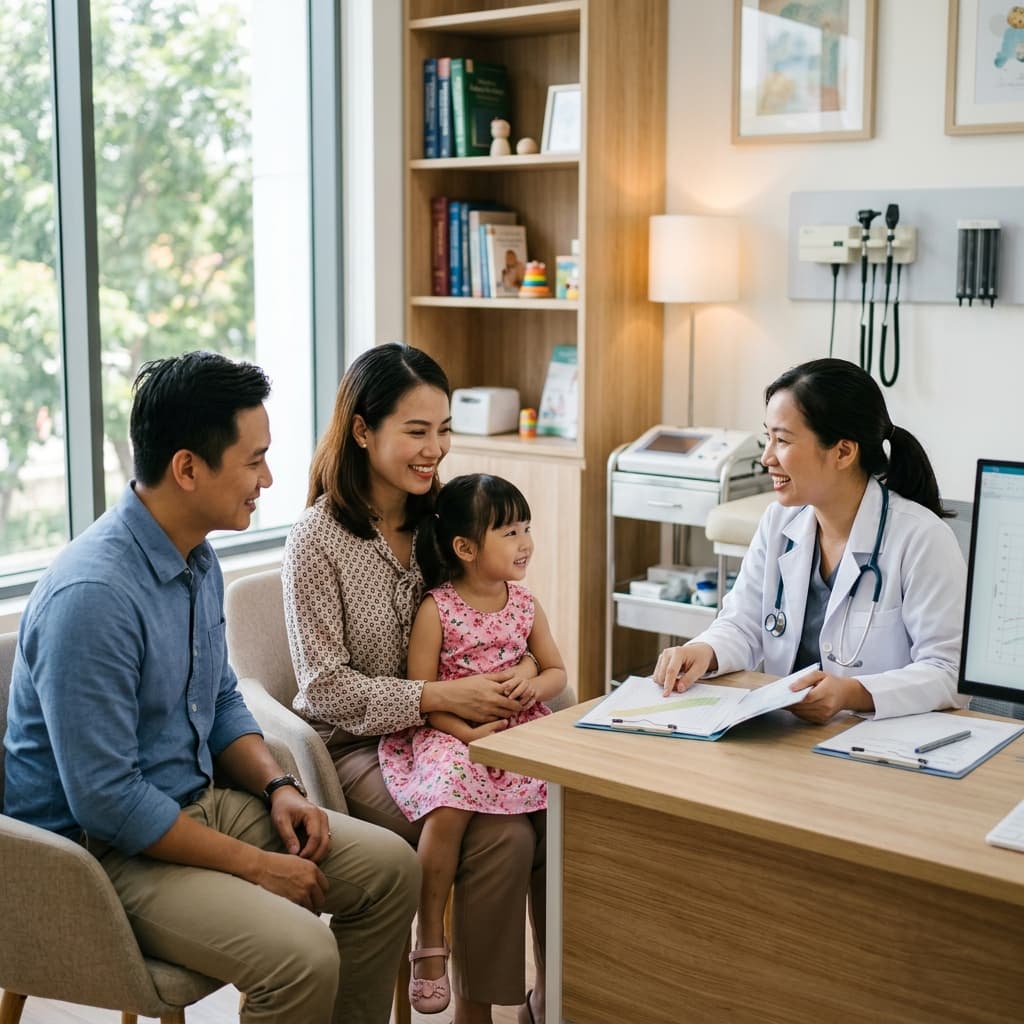 Gia đình Việt hạnh phúc đang trò chuyện cùng bác sĩ nhi khoa